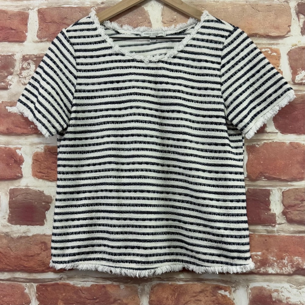 Green Envelope Los Angeles Top Women's M White Blue Striped Fringe Knit Shirt